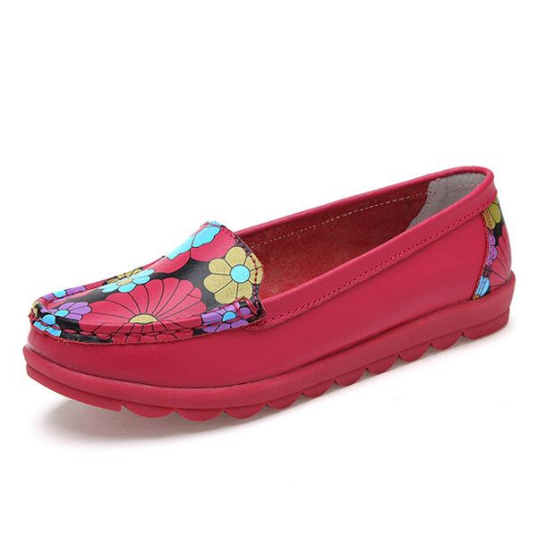 Mujeres Moda Casual Cómodo Suave Transpirable Flor De Cuero Punta Redonda Zapatos Mocasines Planos