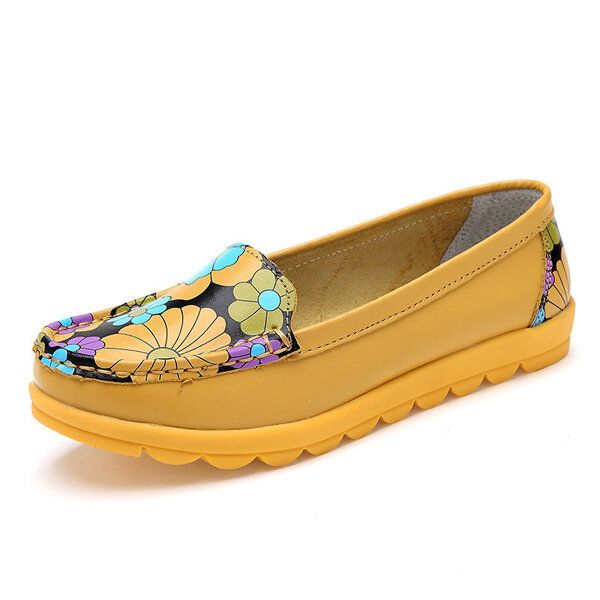 Mujeres Moda Casual Cómodo Suave Transpirable Flor De Cuero Punta Redonda Zapatos Mocasines Planos