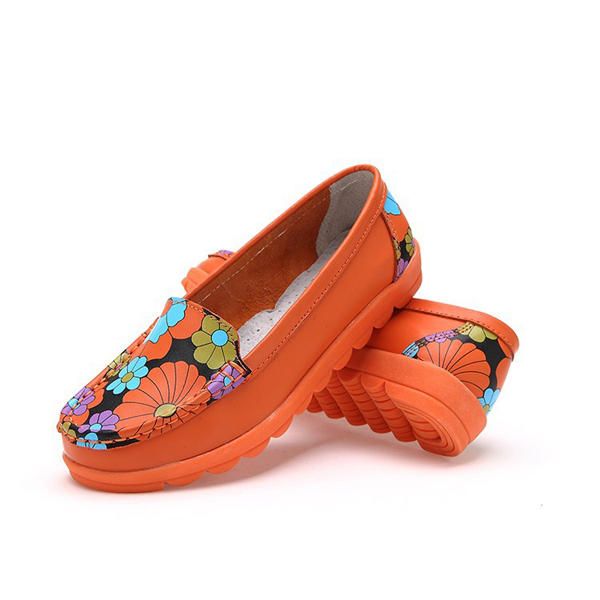 Mujeres Moda Casual Cómodo Suave Transpirable Flor De Cuero Punta Redonda Zapatos Mocasines Planos