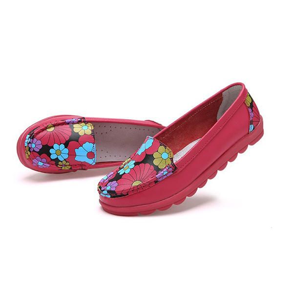 Mujeres Moda Casual Cómodo Suave Transpirable Flor De Cuero Punta Redonda Zapatos Mocasines Planos