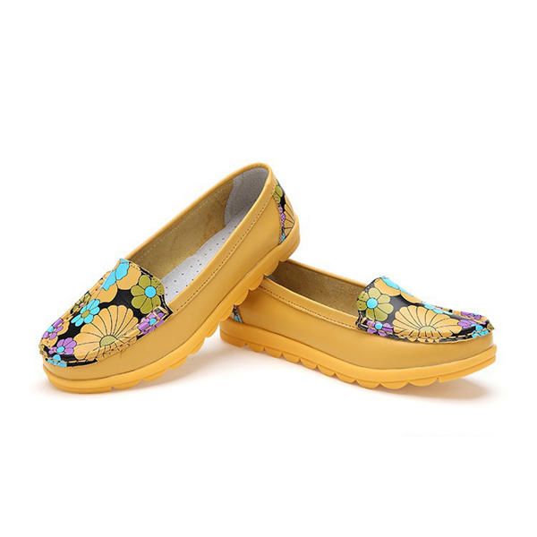 Mujeres Moda Casual Cómodo Suave Transpirable Flor De Cuero Punta Redonda Zapatos Mocasines Planos