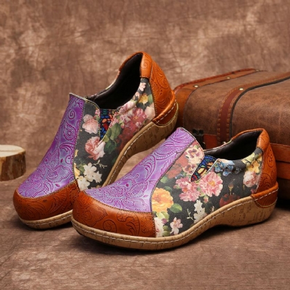 Mujeres Retro Venas Empalme Flores Costura Cómodos Mocasines De Cuero