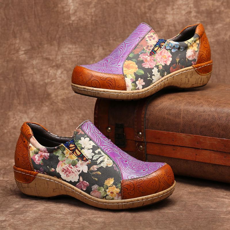 Mujeres Retro Venas Empalme Flores Costura Cómodos Mocasines De Cuero