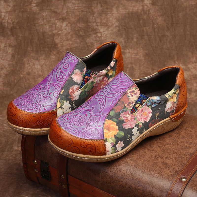 Mujeres Retro Venas Empalme Flores Costura Cómodos Mocasines De Cuero