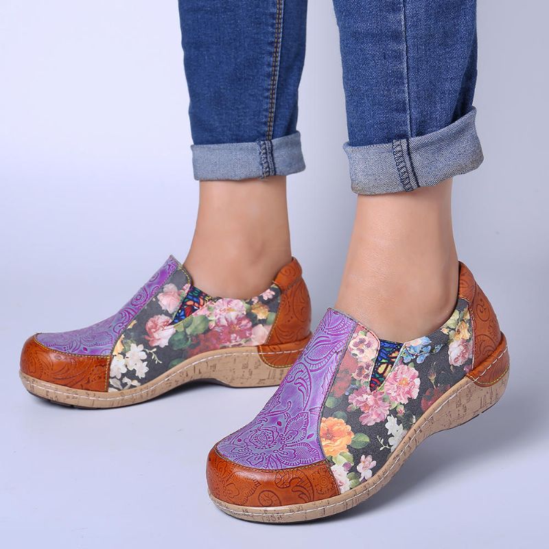 Mujeres Retro Venas Empalme Flores Costura Cómodos Mocasines De Cuero