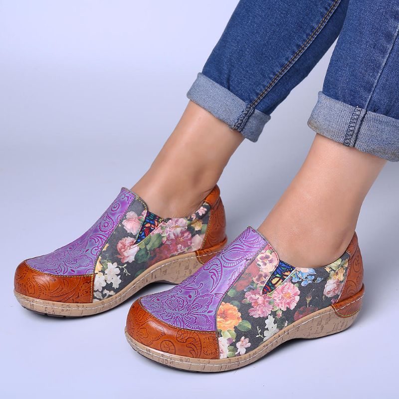 Mujeres Retro Venas Empalme Flores Costura Cómodos Mocasines De Cuero