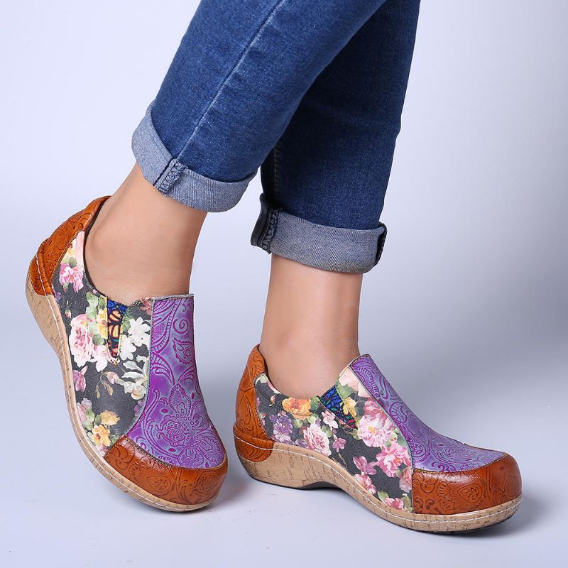 Mujeres Retro Venas Empalme Flores Costura Cómodos Mocasines De Cuero