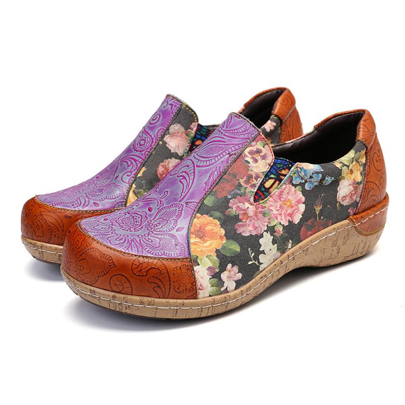 Mujeres Retro Venas Empalme Flores Costura Cómodos Mocasines De Cuero