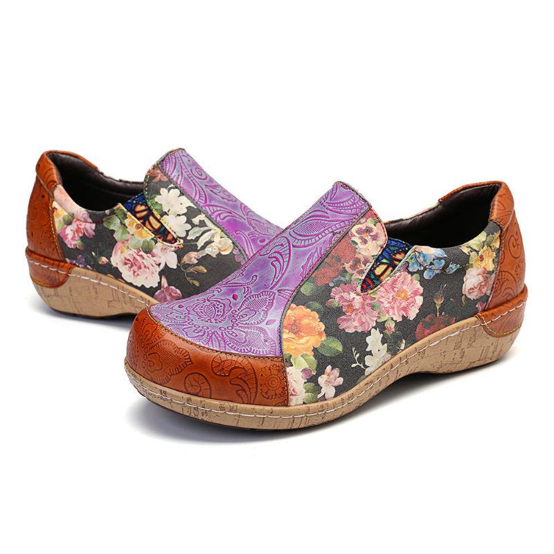 Mujeres Retro Venas Empalme Flores Costura Cómodos Mocasines De Cuero