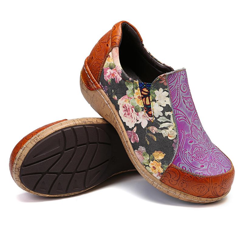 Mujeres Retro Venas Empalme Flores Costura Cómodos Mocasines De Cuero