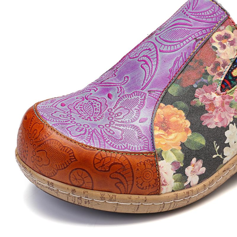 Mujeres Retro Venas Empalme Flores Costura Cómodos Mocasines De Cuero