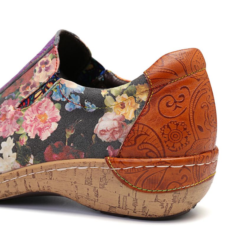 Mujeres Retro Venas Empalme Flores Costura Cómodos Mocasines De Cuero