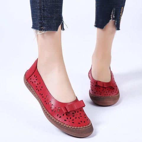 Mujeres Tallas Grandes De Cuero Genuino Transpirable Hollow Out Slip On Casual Flats Mocasines