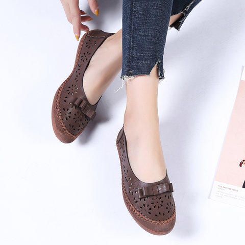 Mujeres Tallas Grandes De Cuero Genuino Transpirable Hollow Out Slip On Casual Flats Mocasines