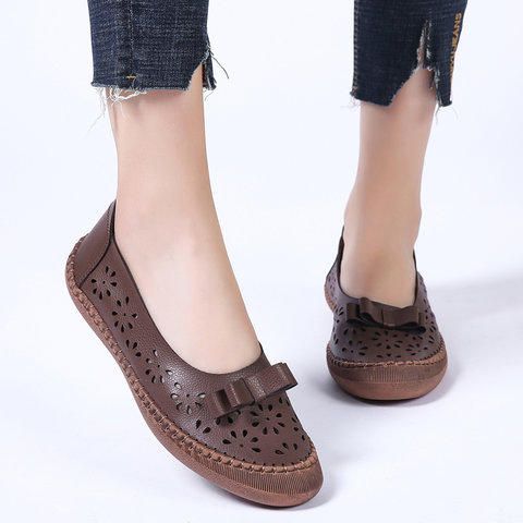 Mujeres Tallas Grandes De Cuero Genuino Transpirable Hollow Out Slip On Casual Flats Mocasines