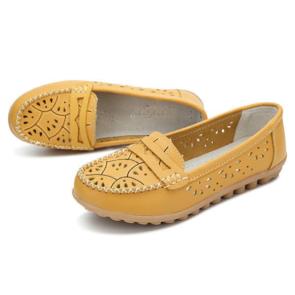 Mujeres Zapatos Elegantes Flor Hollow Out Mocasines Pisos De Cuero Con Suela Suave