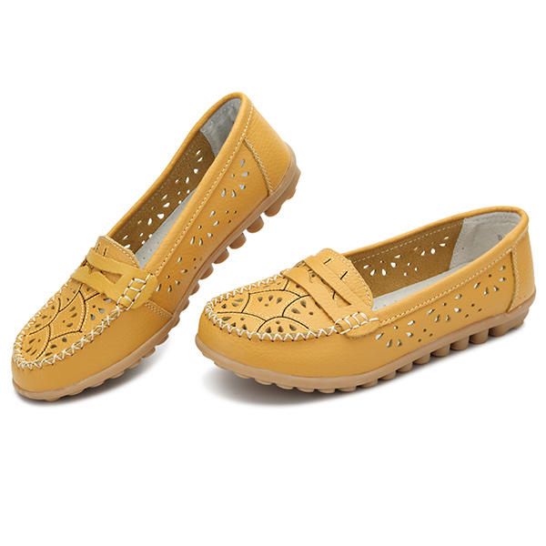 Mujeres Zapatos Elegantes Flor Hollow Out Mocasines Pisos De Cuero Con Suela Suave