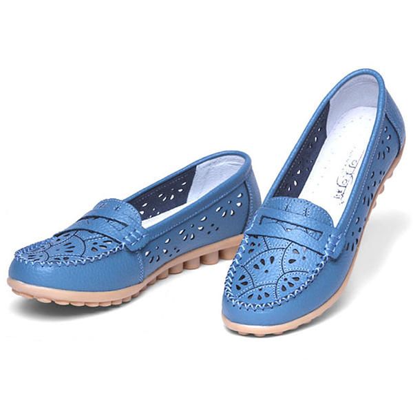 Mujeres Zapatos Elegantes Flor Hollow Out Mocasines Pisos De Cuero Con Suela Suave