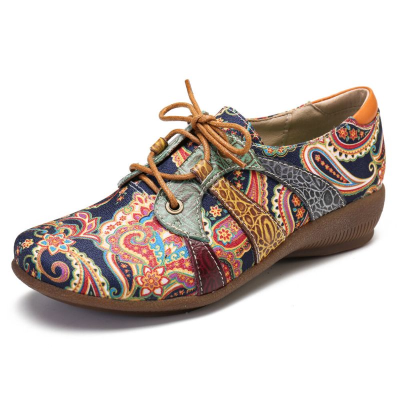 Paisley Retor Floral Splicing Folkways Style Zapatos Planos Con Cordones Y Punta Redonda