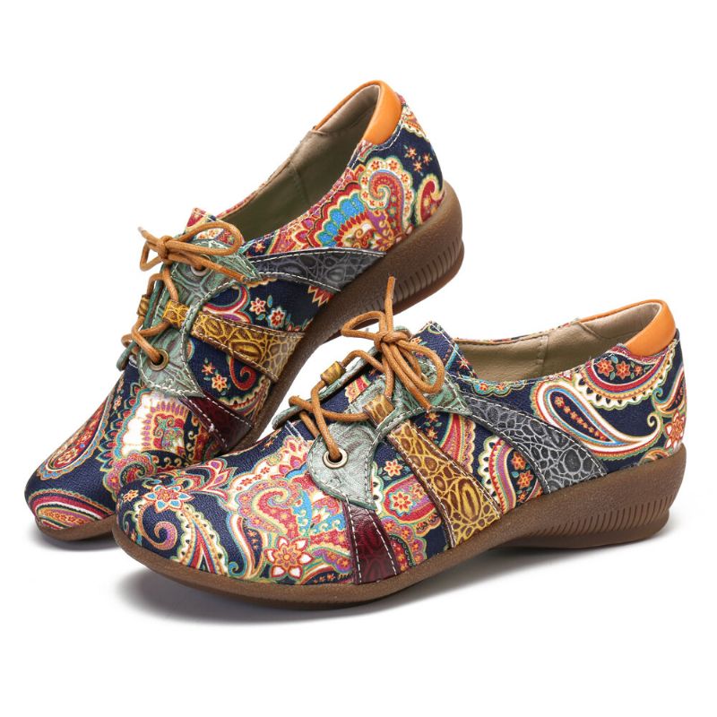 Paisley Retor Floral Splicing Folkways Style Zapatos Planos Con Cordones Y Punta Redonda