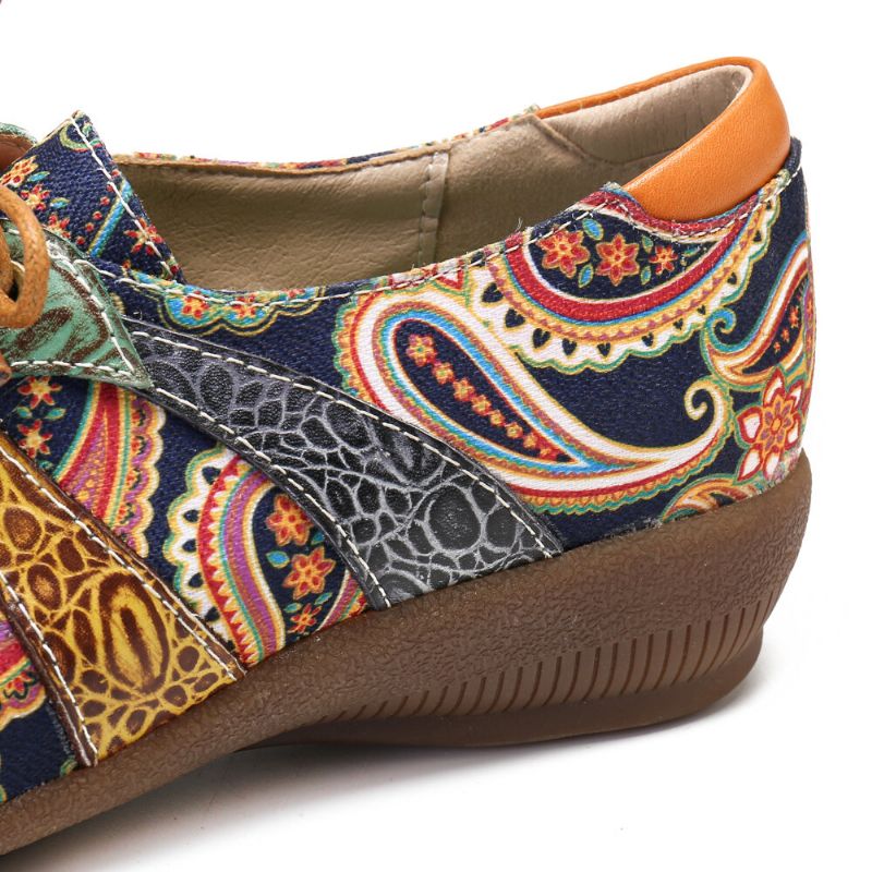 Paisley Retor Floral Splicing Folkways Style Zapatos Planos Con Cordones Y Punta Redonda