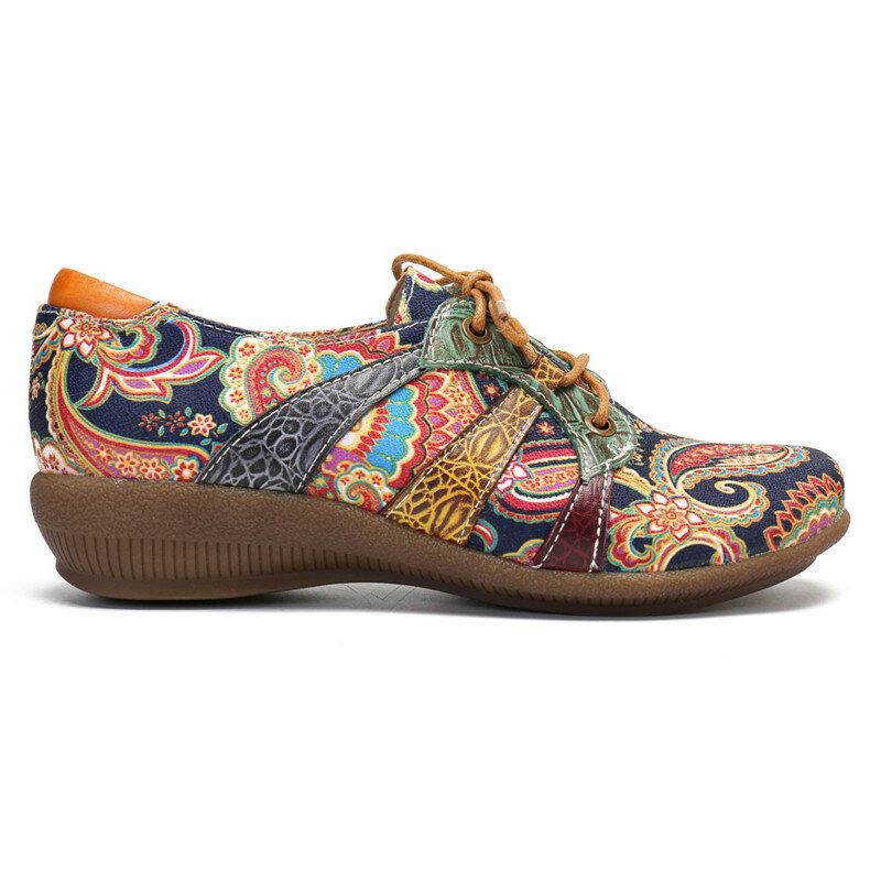 Paisley Retor Floral Splicing Folkways Style Zapatos Planos Con Cordones Y Punta Redonda