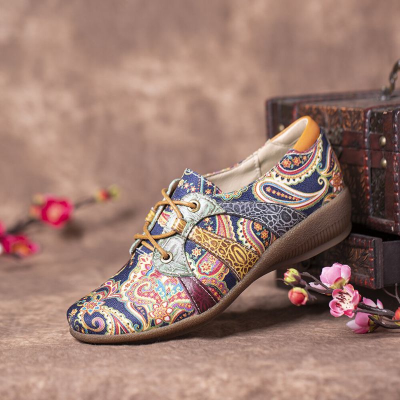 Paisley Retor Floral Splicing Folkways Style Zapatos Planos Con Cordones Y Punta Redonda