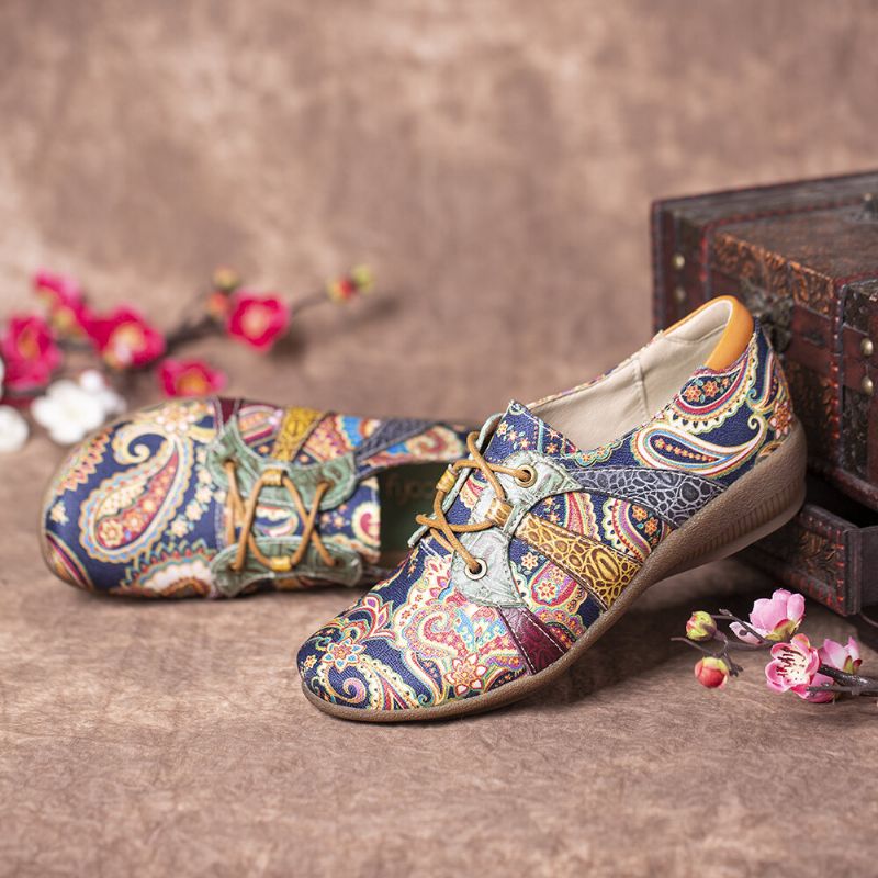 Paisley Retor Floral Splicing Folkways Style Zapatos Planos Con Cordones Y Punta Redonda