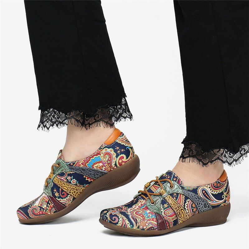 Paisley Retor Floral Splicing Folkways Style Zapatos Planos Con Cordones Y Punta Redonda