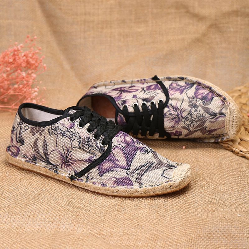 Paño De Lino Estampado Floral Cómodo Transpirable Usable Con Cordones Zapatos Casuales De Alpargatas