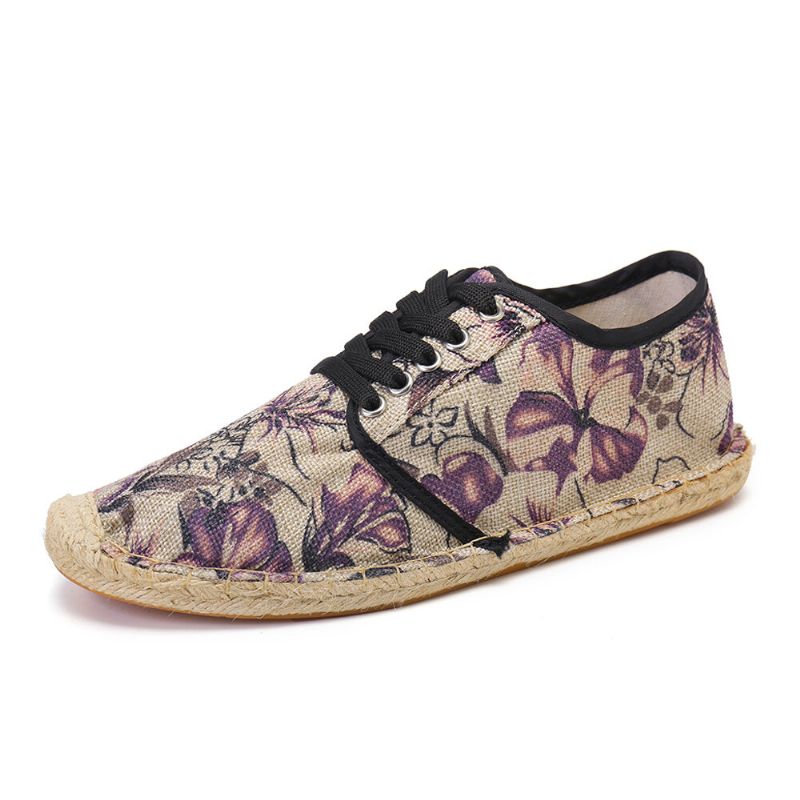 Paño De Lino Estampado Floral Cómodo Transpirable Usable Con Cordones Zapatos Casuales De Alpargatas