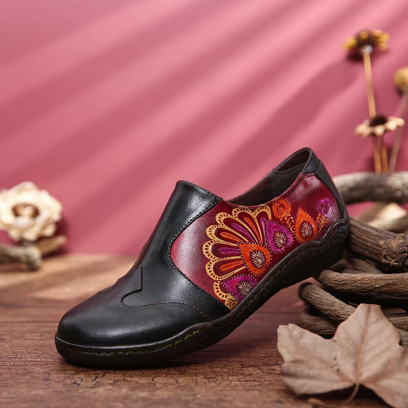 Patrón De Flores De Empalme Retro Zapatos Planos Informales Cómodos Con Cremallera Lateral De Cuero Genuino