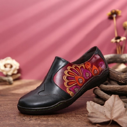 Patrón De Flores De Empalme Retro Zapatos Planos Informales Cómodos Con Cremallera Lateral De Cuero Genuino