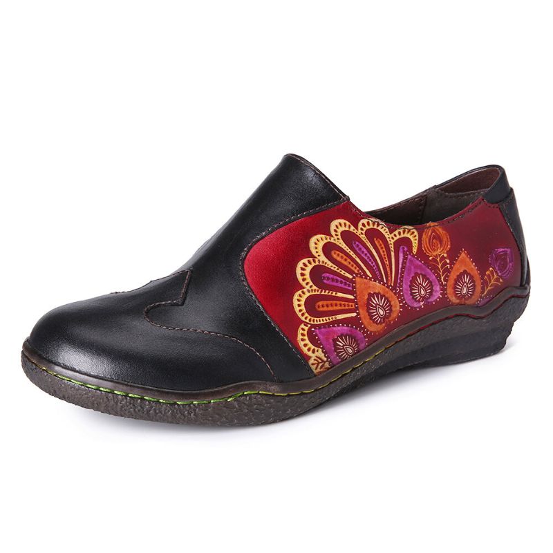 Patrón De Flores De Empalme Retro Zapatos Planos Informales Cómodos Con Cremallera Lateral De Cuero Genuino