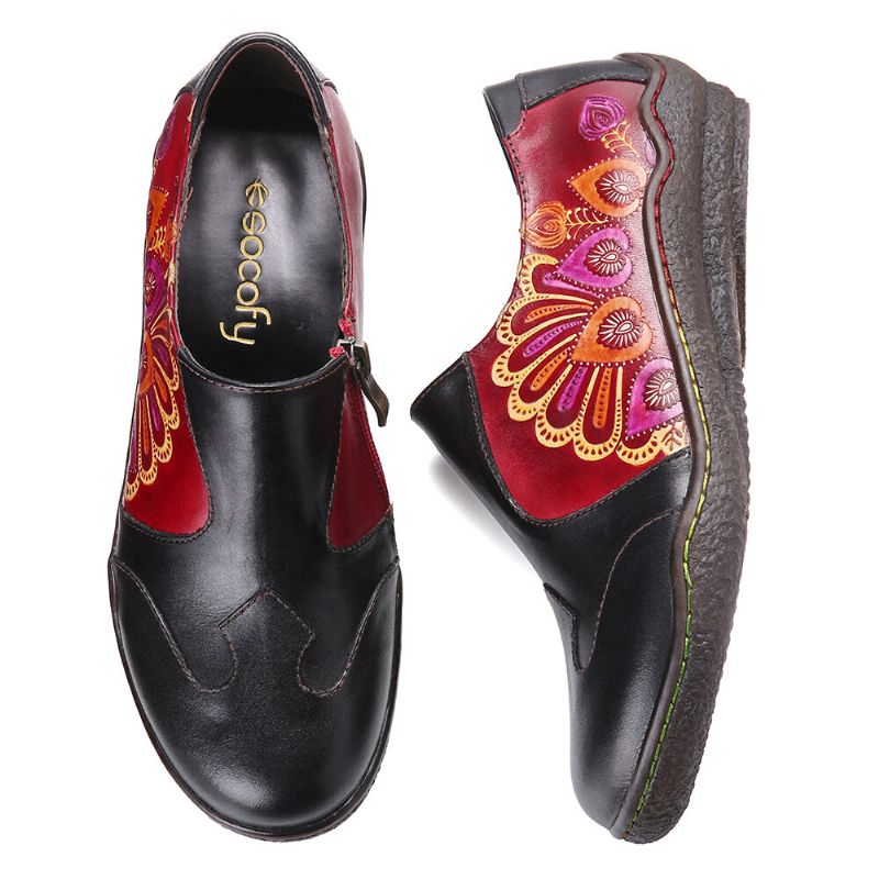 Patrón De Flores De Empalme Retro Zapatos Planos Informales Cómodos Con Cremallera Lateral De Cuero Genuino