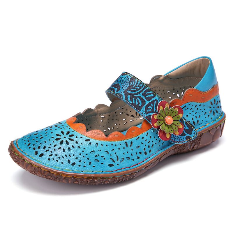 Recortes Florales De Cuero Bohemio Empalme Zapatos Planos Con Lazo De Gancho De Flor De Suela Suave