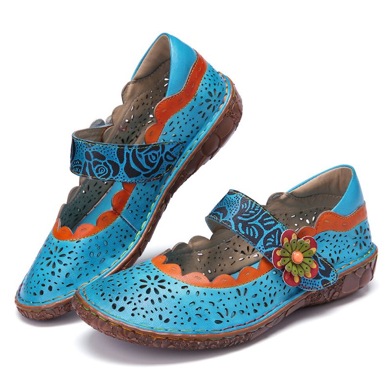 Recortes Florales De Cuero Bohemio Empalme Zapatos Planos Con Lazo De Gancho De Flor De Suela Suave