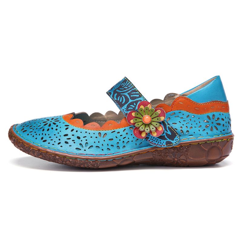 Recortes Florales De Cuero Bohemio Empalme Zapatos Planos Con Lazo De Gancho De Flor De Suela Suave