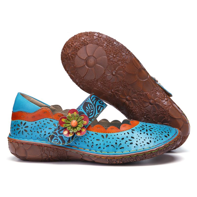 Recortes Florales De Cuero Bohemio Empalme Zapatos Planos Con Lazo De Gancho De Flor De Suela Suave