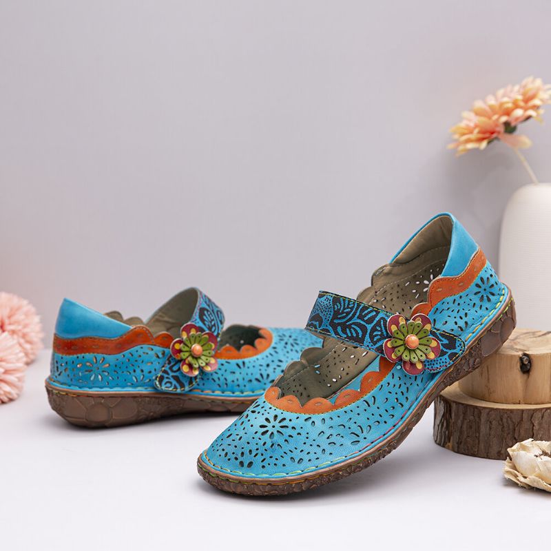 Recortes Florales De Cuero Bohemio Empalme Zapatos Planos Con Lazo De Gancho De Flor De Suela Suave