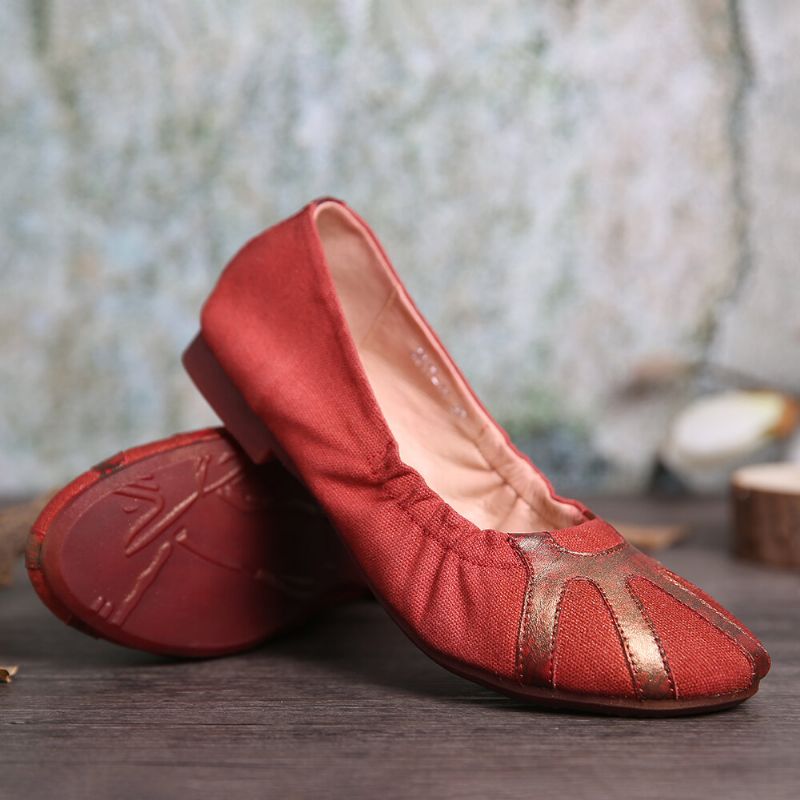 Retro Cómodos Zapatos Planos De Ballet Con Empalme De Lona Suave Y Plegable