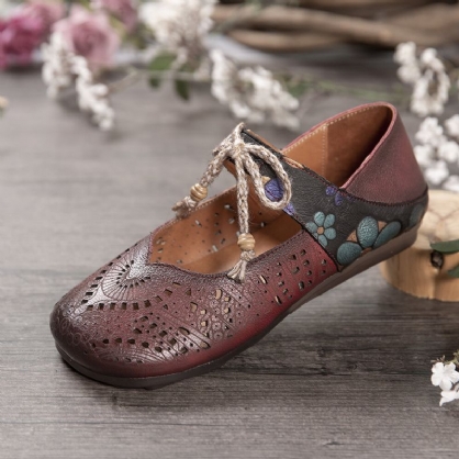 Retro Hollow Floral Suela Suave Nudo Punta Redonda Correa De Tobillo Zapatos Planos