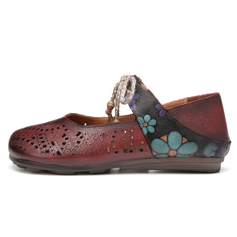 Retro Hollow Floral Suela Suave Nudo Punta Redonda Correa De Tobillo Zapatos Planos