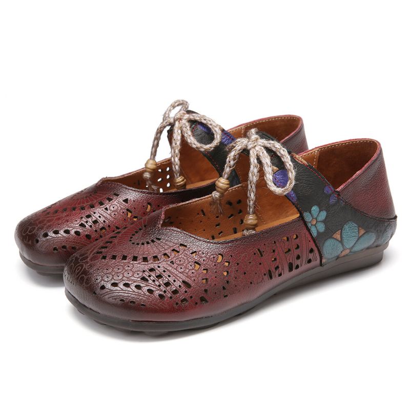 Retro Hollow Floral Suela Suave Nudo Punta Redonda Correa De Tobillo Zapatos Planos