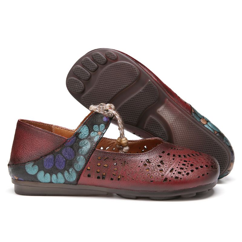 Retro Hollow Floral Suela Suave Nudo Punta Redonda Correa De Tobillo Zapatos Planos