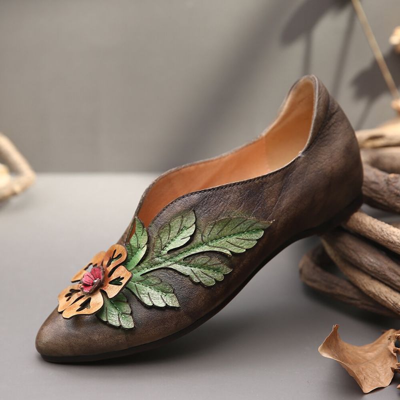 Retro Rainforest Splicing Floral Leaves Zapatos Planos Cómodos De Cuero Elegante