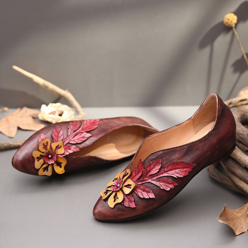 Retro Rainforest Splicing Floral Leaves Zapatos Planos Cómodos De Cuero Elegante