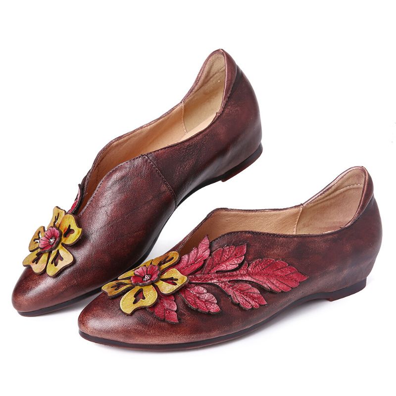 Retro Rainforest Splicing Floral Leaves Zapatos Planos Cómodos De Cuero Elegante