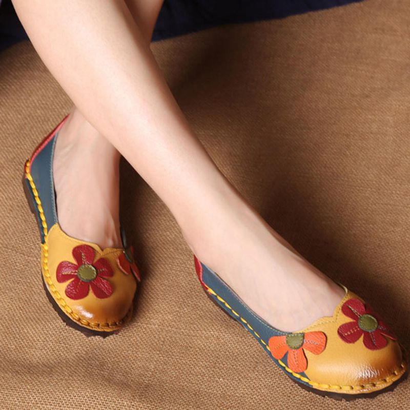 Retro Stitching Leather Flats Zapatos Casuales Para Mujer