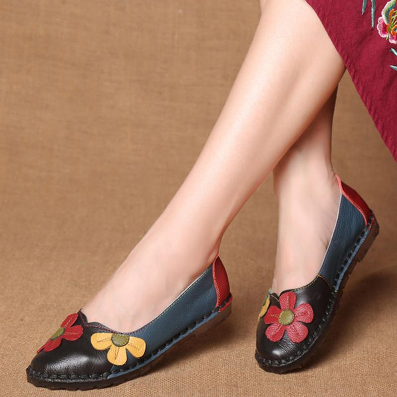 Retro Stitching Leather Flats Zapatos Casuales Para Mujer